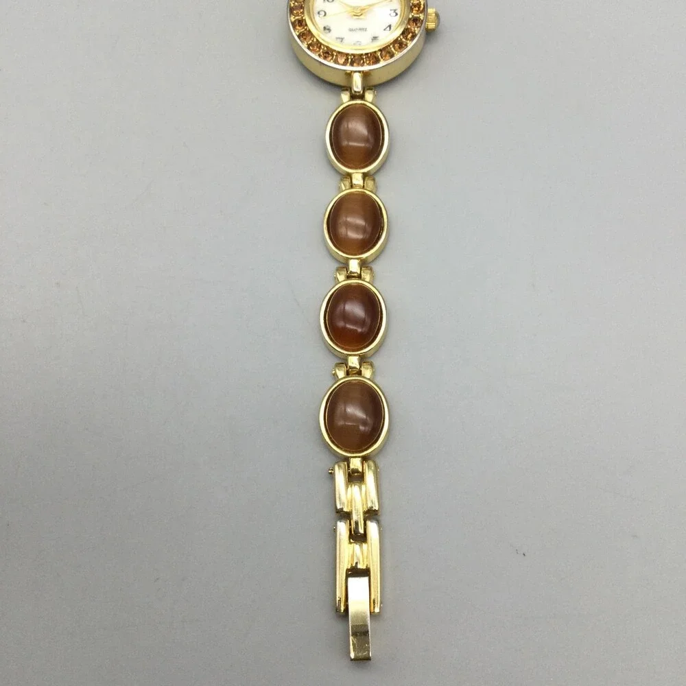 Brown Gemstone Womens Watch 22mm MOP Dial Gold Tone Bracelet New Battery 7.25